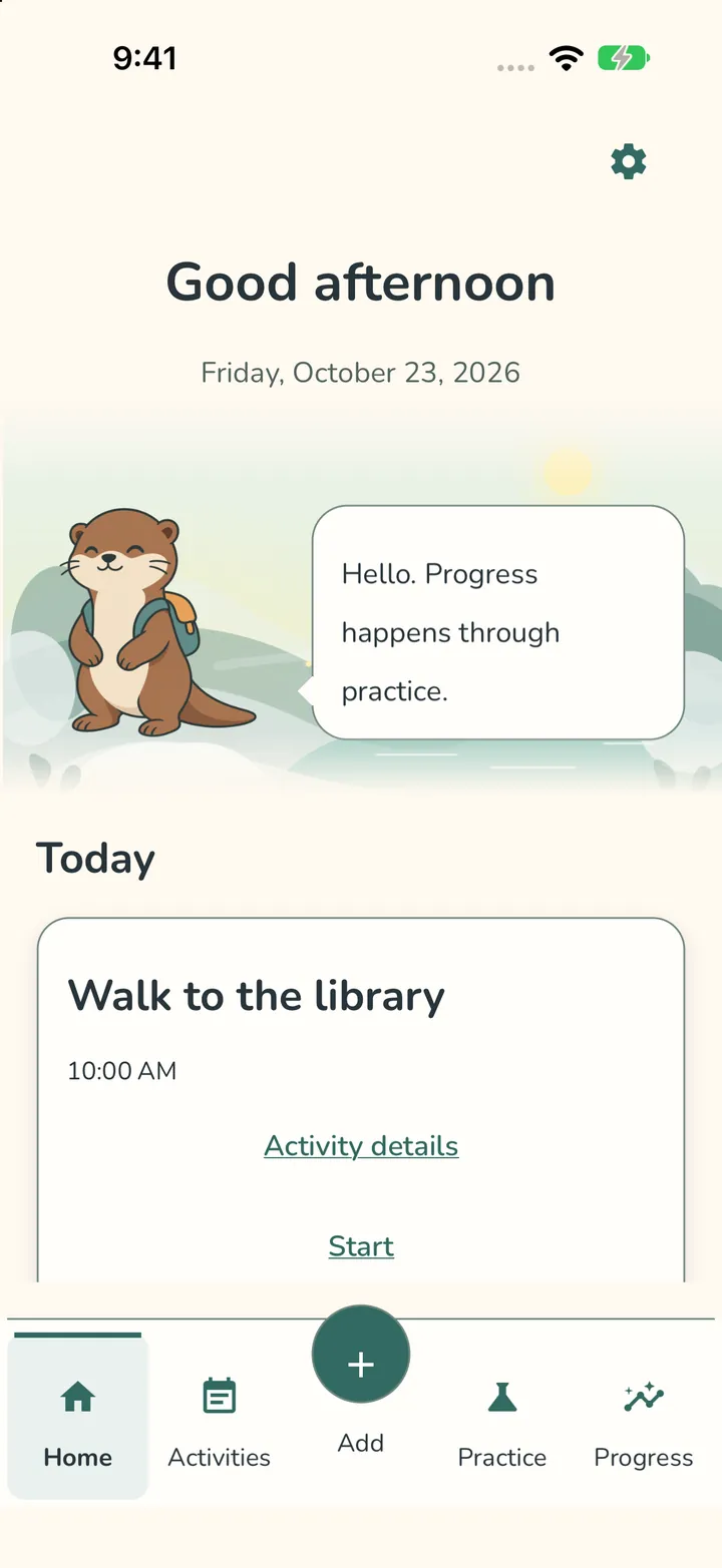 The MindAction Home screen: Pip the otter says hello above Today’s plan, with the bottom bar Home, Activities, Add, Practice and Progress.
