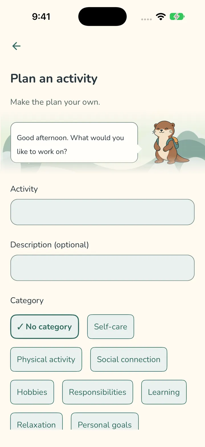 The Plan an activity form with a text field for the activity, an optional description and category choices.