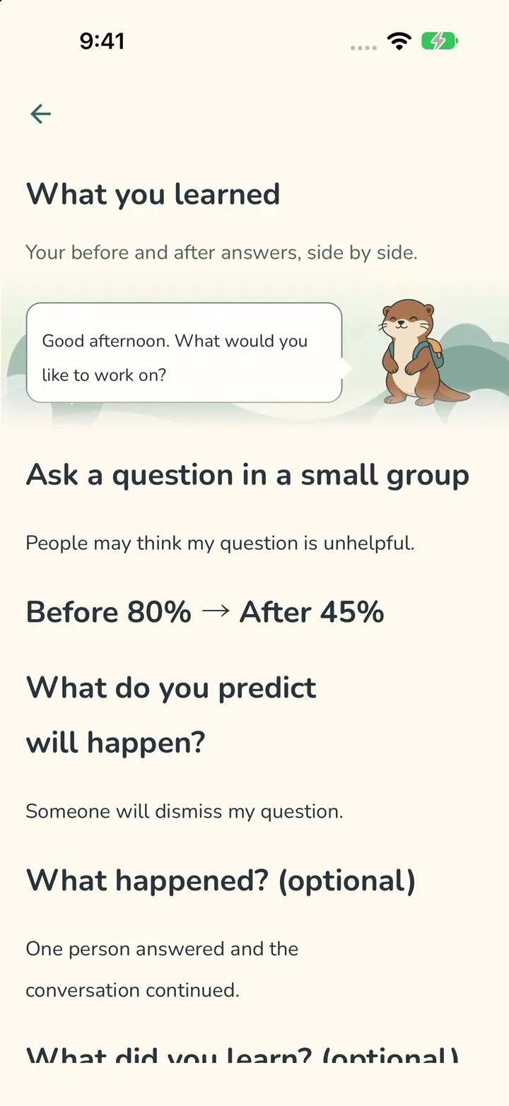 An experiment result showing “Before 80% → After 45%” above the prediction and what happened.
