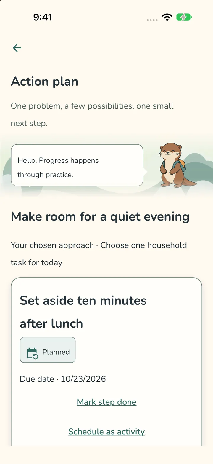 An action plan screen with Pip, a plan titled Make room for a quiet evening and a step to set aside ten minutes after lunch.
