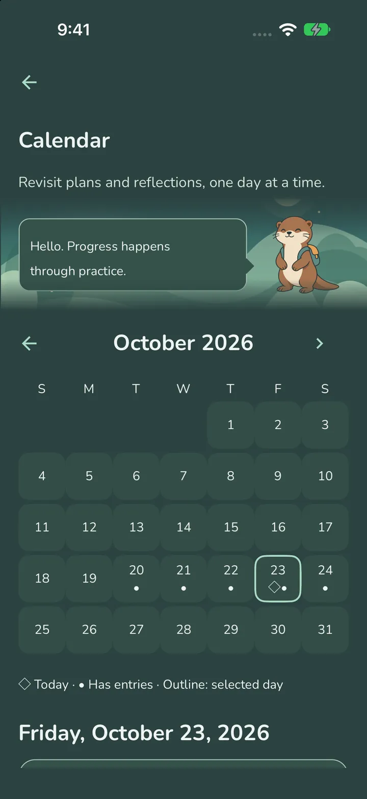 The Calendar screen in the dark theme, showing October 2026 with dots on days that have entries and a note from Pip.