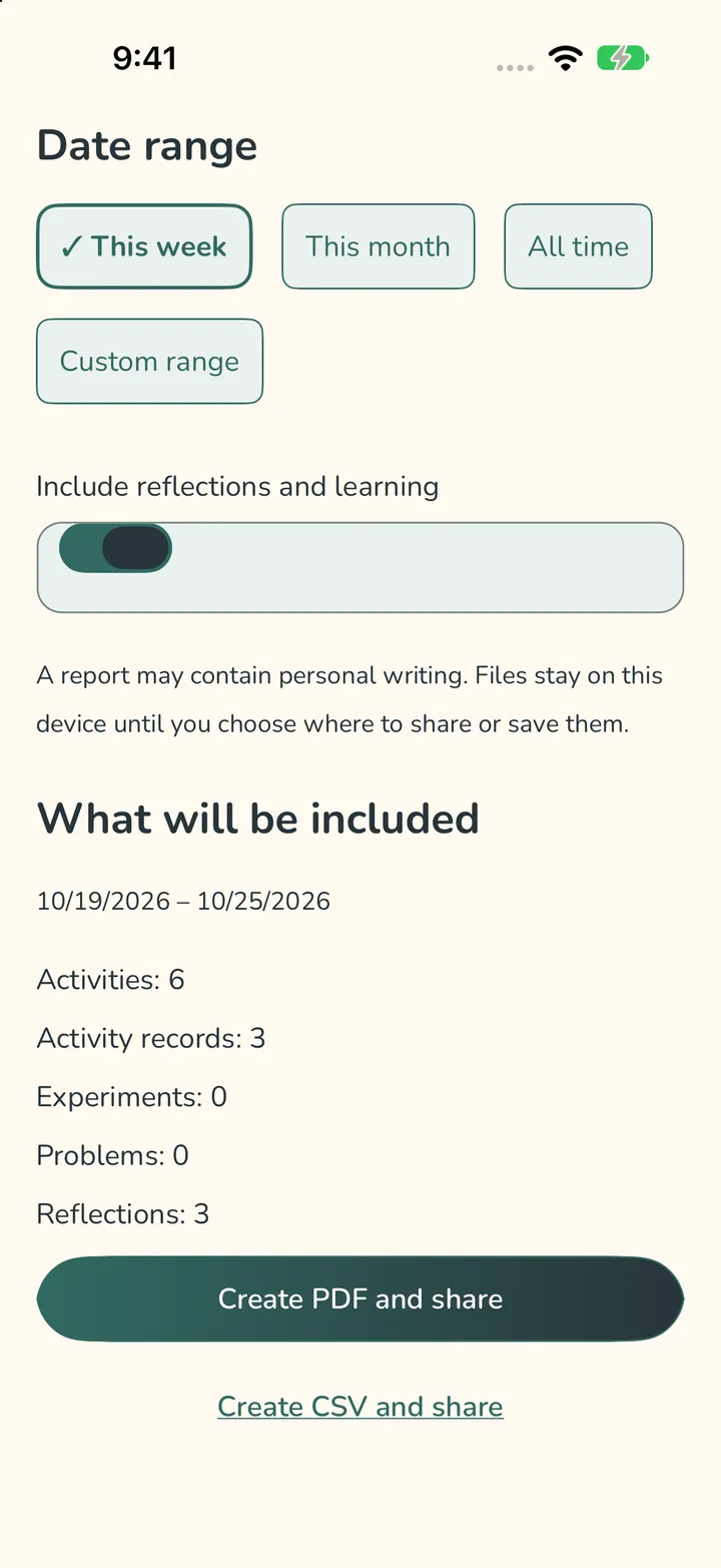 The Reports screen: date range choices, a note that files stay on this device until you choose where to share or save them, and a list of what will be included.