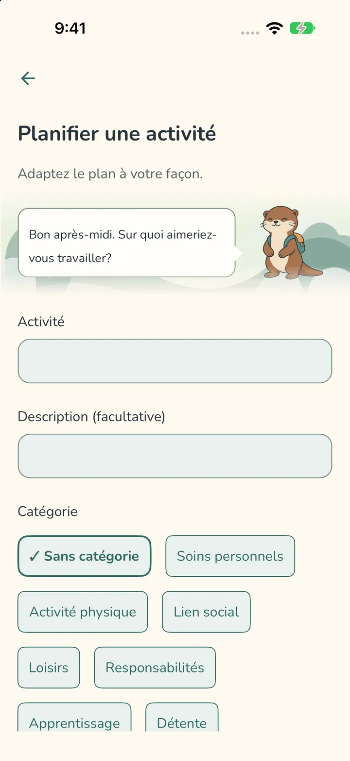 Le formulaire Planifier une activité, avec un champ pour l’activité, une description facultative et des catégories au choix.