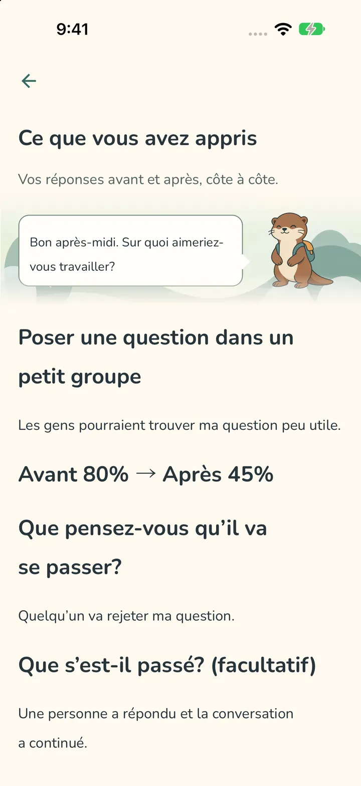 Le résultat d’une expérience affichant « Avant 80 % → Après 45 % » au-dessus de la prédiction et de ce qui s’est passé.