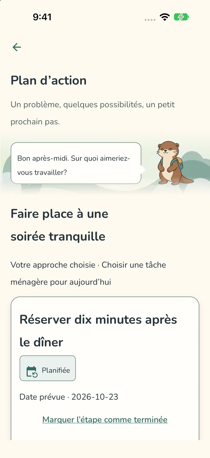 Un écran de plan d’action avec Pip, un plan intitulé Faire de la place à une soirée tranquille et une étape pour réserver dix minutes après le dîner.
