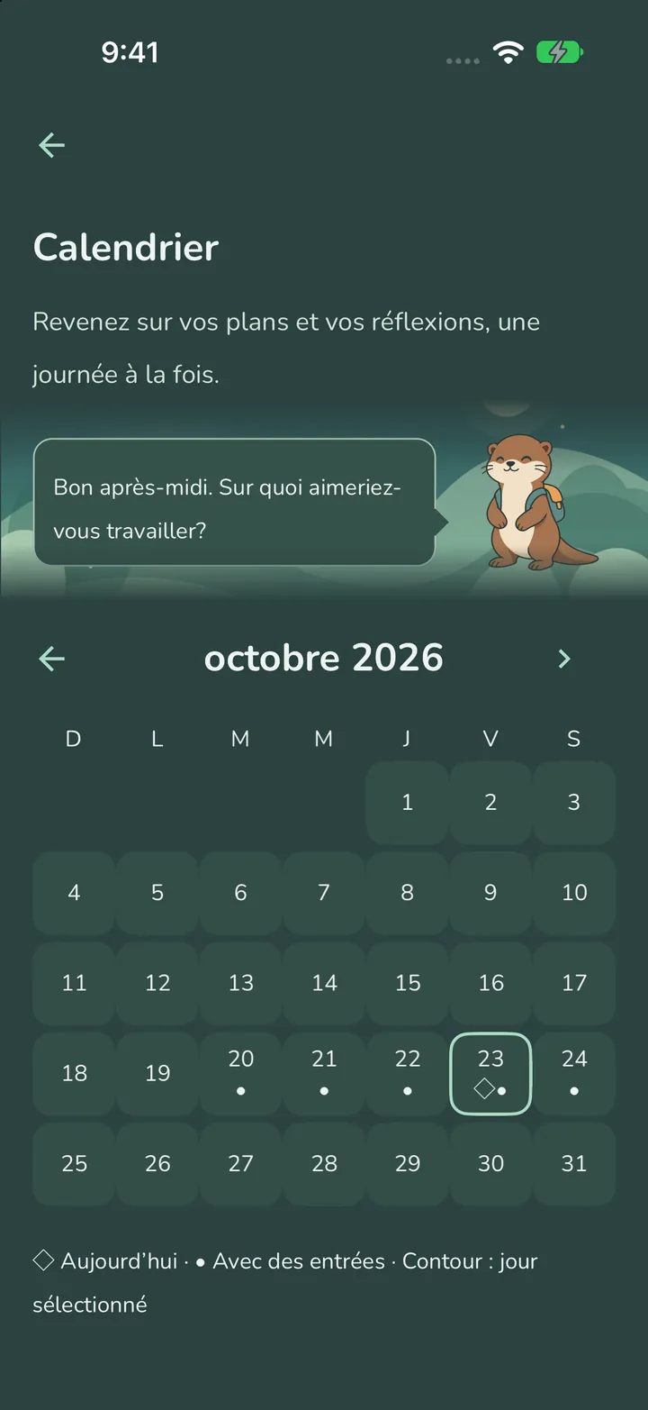 L’écran Calendrier en thème sombre, montrant octobre 2026 avec des points sur les jours qui ont des entrées et un message de Pip.