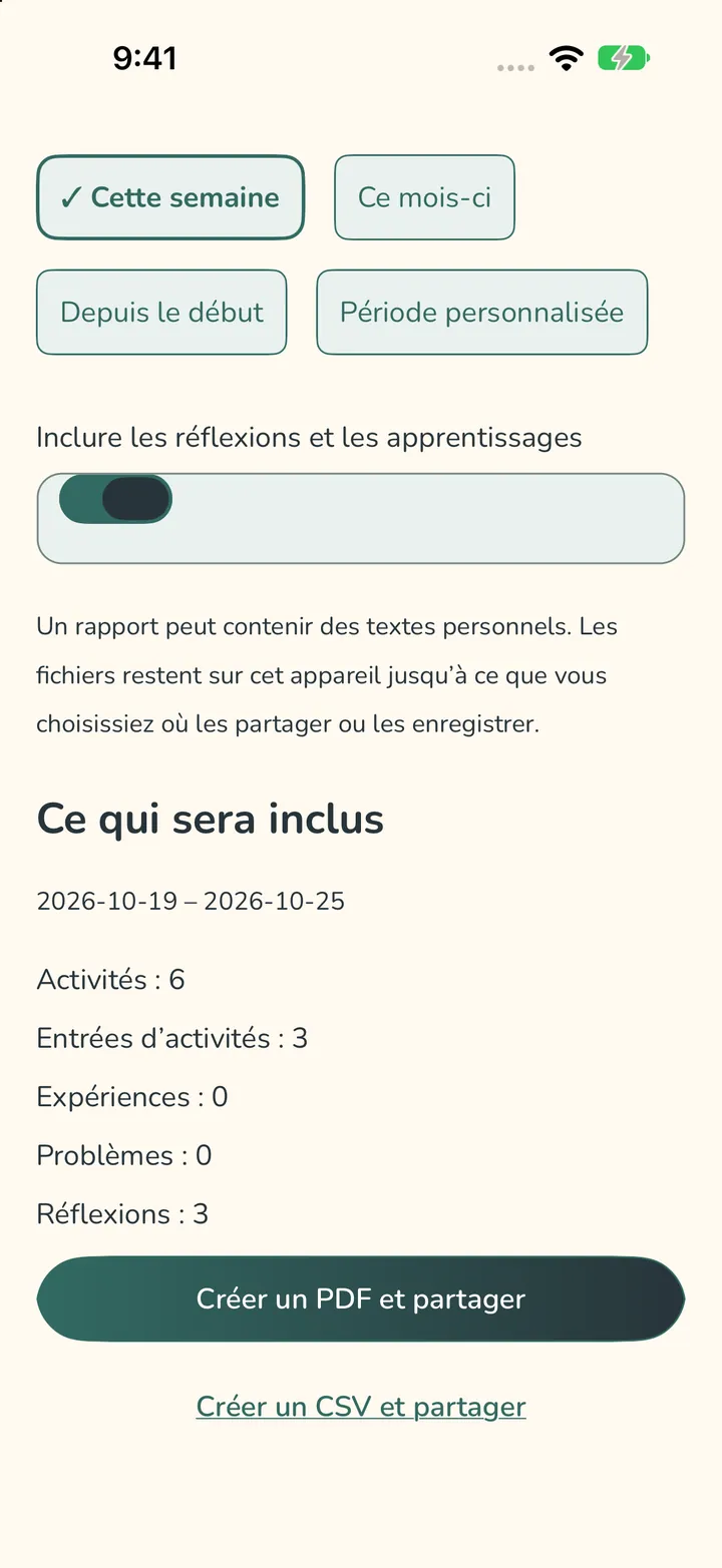 L’écran Rapports : choix de période, un avis indiquant que les fichiers restent sur cet appareil jusqu’à ce que vous choisissiez où les partager ou les enregistrer, et la liste de ce qui sera inclus.