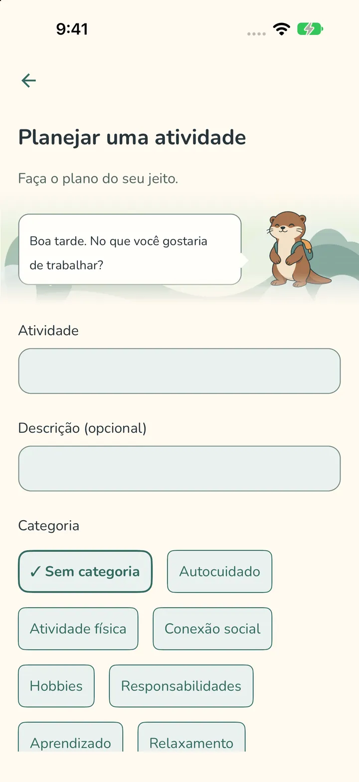 O formulário Planejar uma atividade, com campo para a atividade, descrição opcional e opções de categoria.