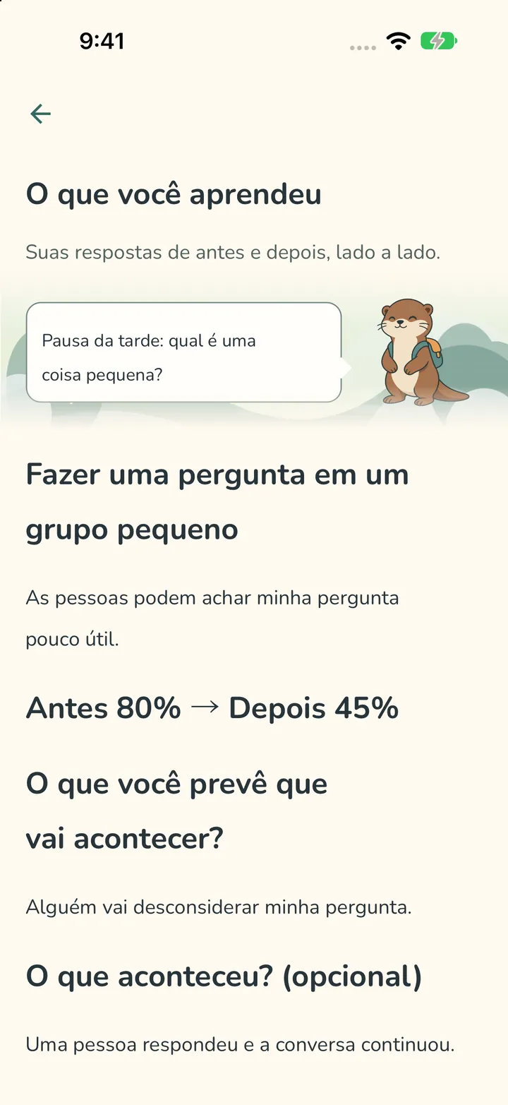 O resultado de um experimento mostrando “Antes 80% → Depois 45%” acima da previsão e do que aconteceu.
