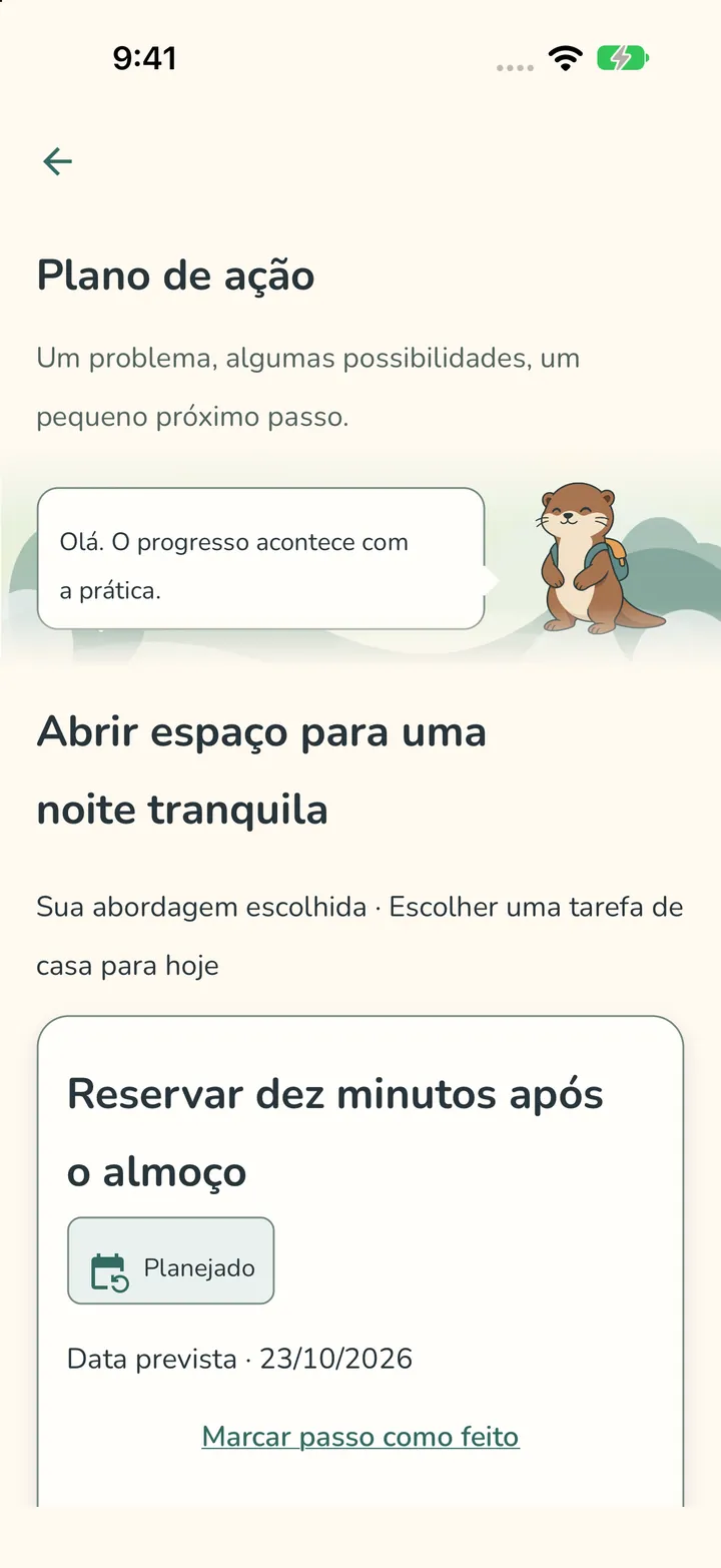 Uma tela de plano de ação com a Pip, um plano chamado Abrir espaço para uma noite tranquila e um passo para reservar dez minutos depois do almoço.