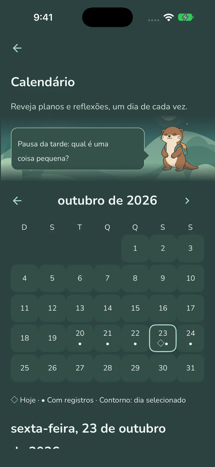 A tela Calendário no tema escuro, mostrando outubro de 2026 com pontos nos dias que têm registros e uma frase da Pip.