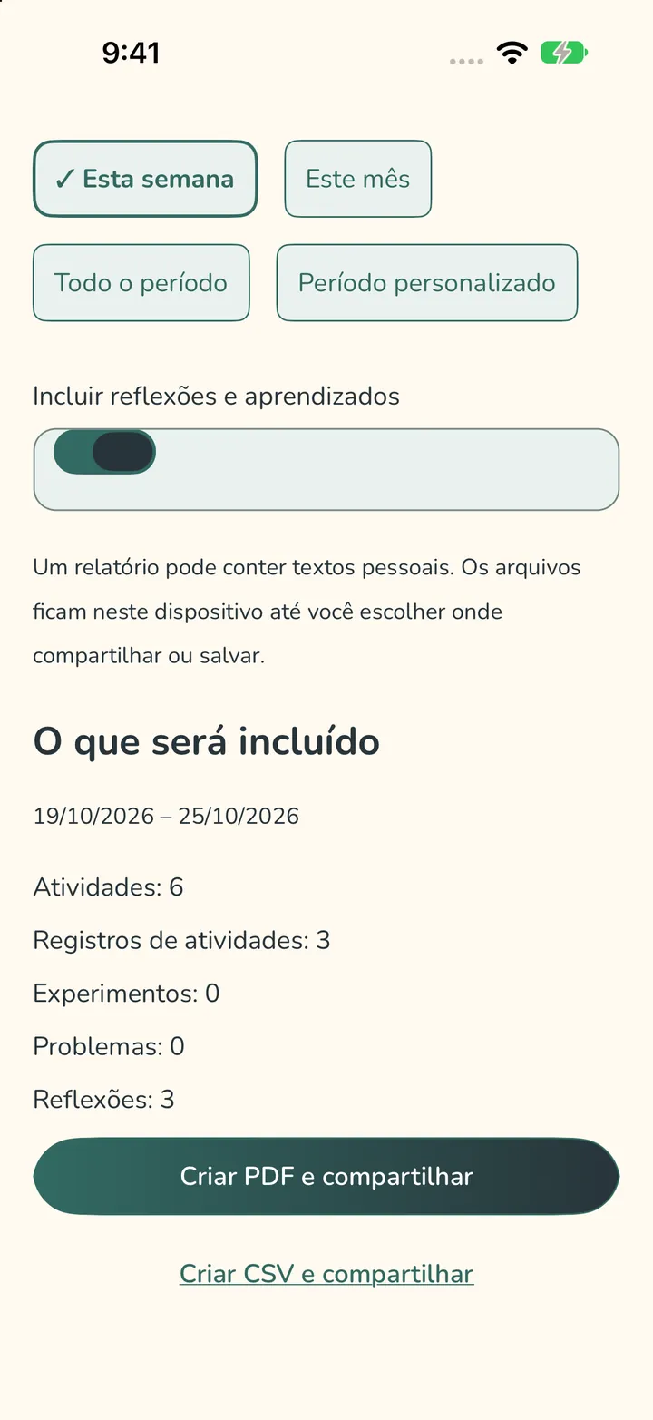 A tela Relatórios: opções de período, um aviso de que os arquivos ficam neste dispositivo até você escolher onde compartilhar ou salvar, e a lista do que será incluído.