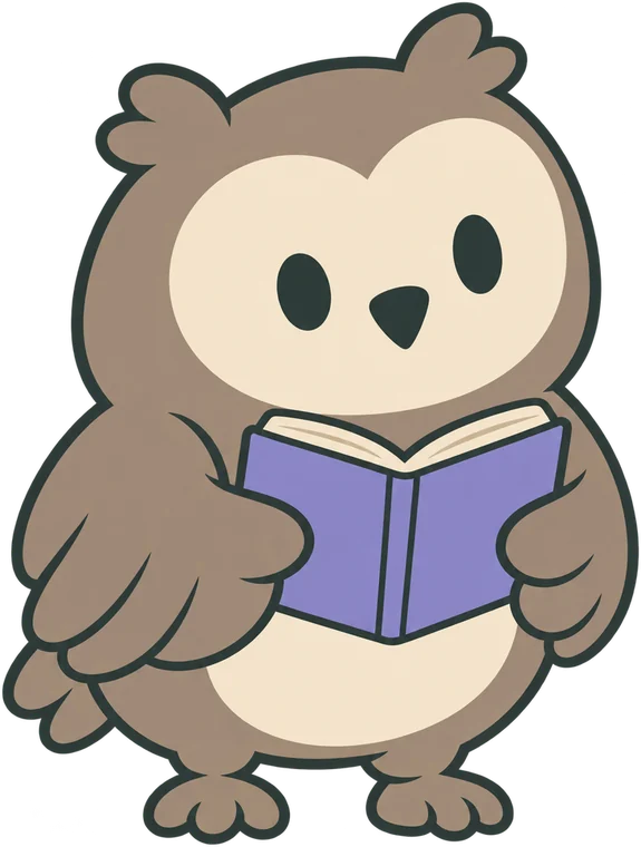 Olive the owl reading a purple book.