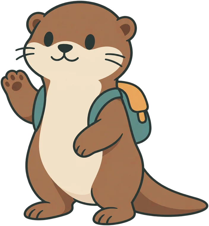 Pip the otter, smiling, with a teal backpack.